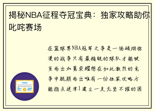 揭秘NBA征程夺冠宝典：独家攻略助你叱咤赛场